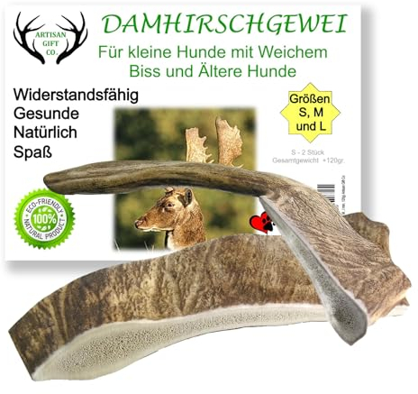 ARTISAN GIFT CO Damhirschgeweih Kauknochen für Welpen und Große Hunde - Gesamtnettogewicht 120gr+ (S, S - 2 st)