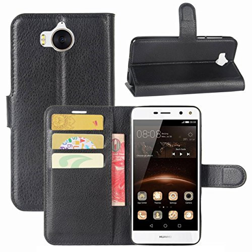 HualuBro Coque Huawei Y6 2017, Etui Housse à Rabat en PU Cuir Flip Leather Case Cover Antichoc Portefeuille Protection Stand Coque avec Slots de Cartes pour Huawei Y6 2017 (Noir)