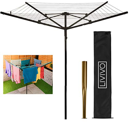 LIVIVO HEAVY DUTY 4 ARM ROTARY GARDEN WASHING LINE CLOTHES AIRER 45M WITH COVER (BLACK)