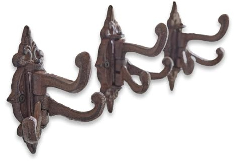 Loberon Haken 3er Set Gratton, antikbraun | Authentisches Vintage-Design, Horizontal Beweglich, Dreifach-Wandhaken, Garderobe, Ordnungshelfer, Gusseisen