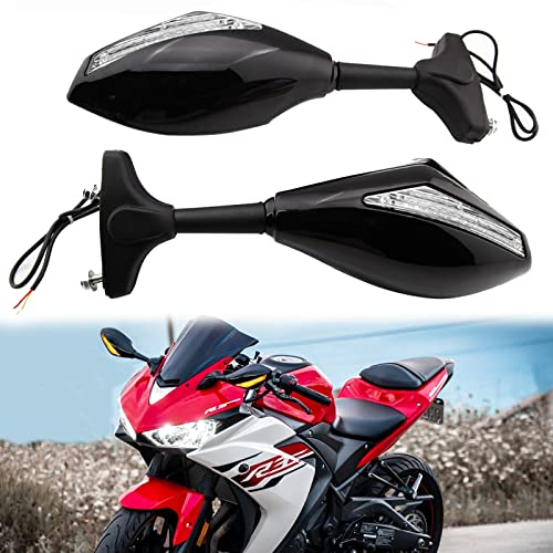 Motorrad Rückspiegel mit LED-Blinker Integrierter Indikator für CBR GSXR YZF Sportfahrrad Rennräder (Schwarz Glänzend + Klare Linse)