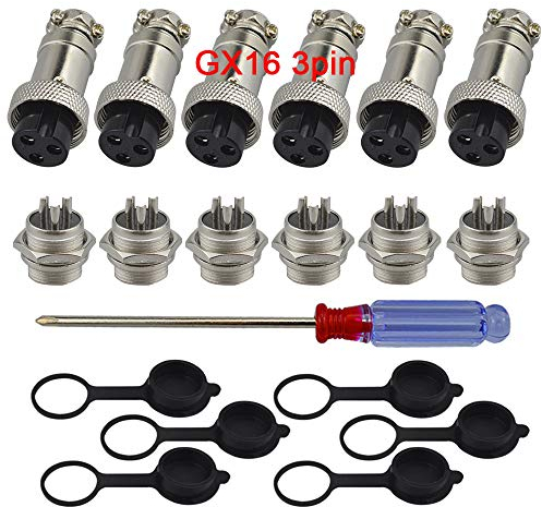 QitinDasen 6 Set GX16 3-Pin Aviazione Spina Connettore, 5A 16mm Maschio Femmina Metallo Aviazione Spina Connettore, con Gomma Berretto e Cacciavite a Croce