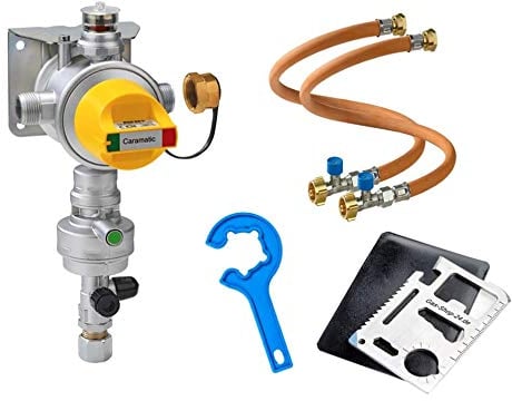 30 mbar Caramatic Drive Two vertikal mit 2 Stück HD Schlauch (SBS) & Zubehör (Druckminderer - Flaschenanlage/Caravanregler Regler Regulator Wohnmobil Reisemobil Camper Gas)
