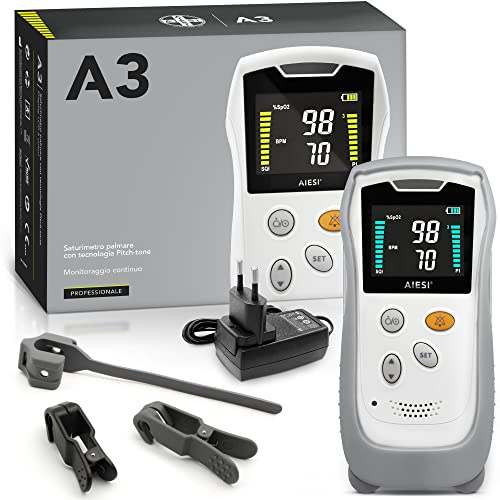 AIESI® Pulsoximeter Veterinär Handgerät professionell mit Farbdisplay und Anti-Bewegungs-Lingualsonde A3, Äußerst genaue, Lithium Batterie, Schutzhülle mit Stütze, Garantie 24 Monate