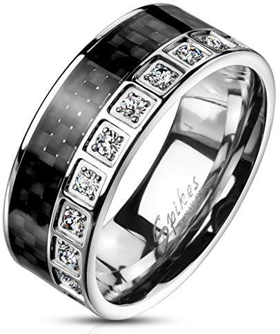 Paula & Fritz® Ring Damen Carbon-Inlay Zirkonia 316L Chirurgenstahl Gr. 59 (18,8) Silber/Schwarz Damen-Ring Partnerring Herren-Ring Freundschaftsring
