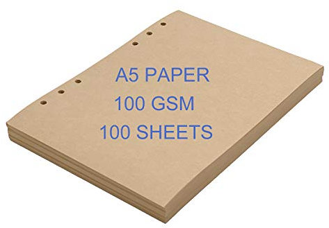 Carta A5, Ricariche A5 Pagina Inserti da 100 gsm Carta Kraft Pagine a fogli mobili 6 hole Kraft Page Paper per 6 fori Taccuino Quaderno Notebook Agenda Diario A5, 100 fogli di cart/200 pagine