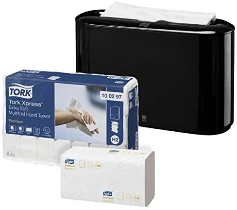 Tork Xpress Spender inkl. Papierhandtücher | Tischspender inkl. Multifold Handtücher Universal | Tischspender-Schwarz | 21 Bündel à 100 Tücher