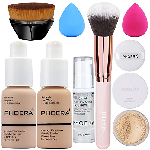 PHOERA Foundation,PHOERA Primer, PHOERA Puder,Concealer Cover Flüssigmatt Full Coverage, Make Up Foundation Pinsel and Puder Pinsel, Make up Schwamm Set (Buff Beige #104 + Sand #105)