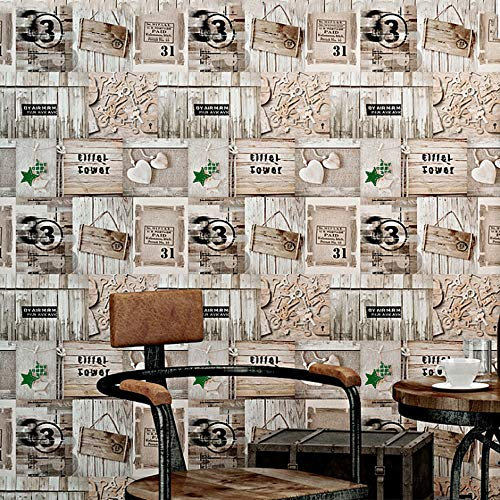 American Retro PVC Wallpaper Nostalgic Imitation Wood Grain Personality Poster Graffiti Pattern Living Room Dining Room TV Sofa Background Wall Shop Decoration 1.73'W x 32.8'L Non-Pasted (Brown-green)