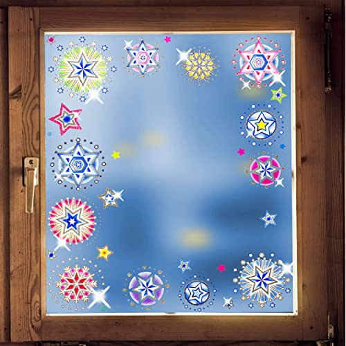 18 Stück - große Fenstersticker - Motivwahl - 3D Glitzer & Glimmer - Schneeflocken & bunte Sterne - statisch - selbstklebend - wiederverwendbar/Fensterbilde..
