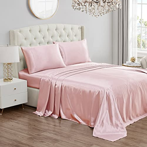 Juicy Couture Parure de lit en Satin de Soie pour lit jumeau, Poche Profonde, avec 1 Drap-Housse, 1 Drap Plat et 1 taie d'oreiller, Infroissable et Anti-Boulochage – Rose