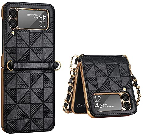 COQUE pour Galaxy Z Flip 3 de téléphone à écran Pliable Ultra-Mince, bandoulière chaîne plaquée Or, Sac de beauté, de téléphone Pliable pour Samsung Galaxy Z Flip 3 5G-Noir