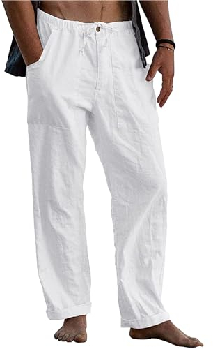 LVCBL Herren Leinenhose Casual Kordelzug Sommer Strand Hose Heimat Weiß L