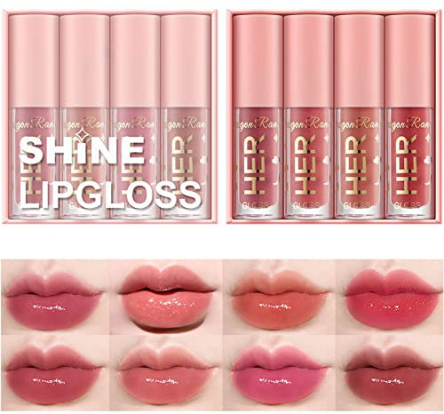 4 Pcs Shimmer Lipgloss Crystal Jelly Liquid Lipstick Set Feuchtigkeitsspendendes feuchtigkeitsspendendes langanhaltendes Lippengel mit rosa Box (B)