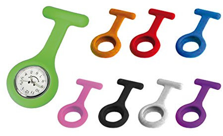Tiga-Med Schwesternuhr 8er Set (1x Quarzuhr + 8 Silikonhüllen) (hygienisch) + 8X Anstecknadel Kitteluhr Set Krankenschwesteruhr