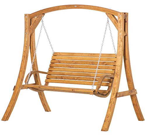 Outsunny Outdoor 2 Seater Garden Swing Seat Swing Chair, Wooden Swing Bench Seat, Brown