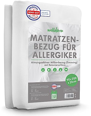 Welldora ǀ Premium Milbenbezug Matratzen 90x200x28 ǀ Fachärztlich getesteter Allergiker Matratzenschoner ǀ Anti Milben Encasing mit Reissverschluss ǀ Allergiker Bettwäsche