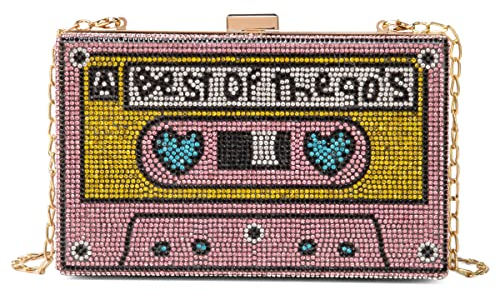 Renabro Damen Retro Radio Form Crossbody Tasche Strass Metall Vintage Abend Clutch Geldbörsen, 90er Jahre Pink