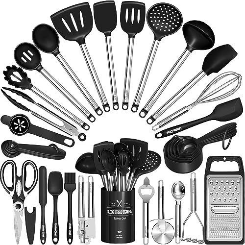 Umite Chef - Juego de 34 utensilios de cocina de silicona para utensilios de cocina antiadherentes, juego de espátulas de silicona, mango de acero inoxidable, herramientas de cocina, accesorios para