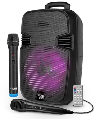 Enceinte Active sur batterie KoolStar STARLED08, 100W, Boomers 20cm à LED RVB, USB Bluetooth, 2 Microphones et télécommande