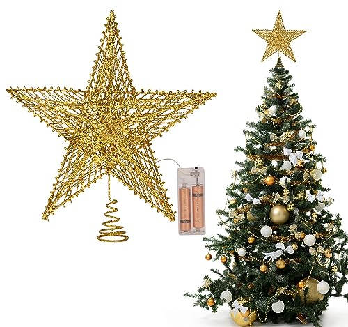 Belle Vous Gold Christmas Tree Star Topper - 26cm / 10.24 Inches - Metal Glitter Battery Powered LED Tree Top Light - Xmas Tree Ornament for Home Decoration/Indoor Holiday Party
