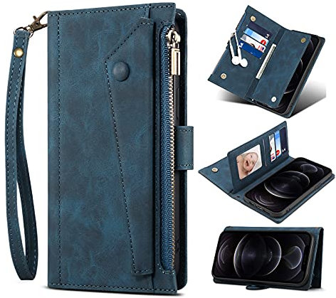 Unichthy For iPhone Xr Zipper Case RFID Blocking 8 Card Slots with Strap Shockproof Leather Flip Wallet Handbag Zip Pocket Phone Cover Stand Magnetic Folio Purse for iPhone Xr Blue
