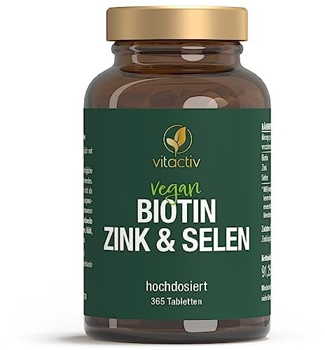 VITACTIV Biotin Zink Selen - Haut Haare Nägel Tabletten, Hochdosiert mit 10000 mcg Biotin pro Tagesverzehr - Herstellung in Deutschland, Laborgeprüft - Vegan, Zuckerfrei - 365 Stück, Jahresvorrat