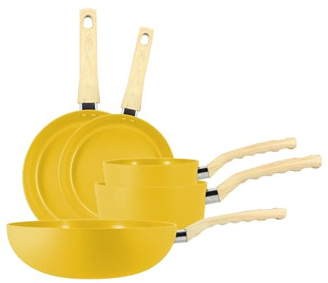 MENASTYL - Set de 5 pièces Colorama safran - Poêles/Casseroles/Wok - En aluminium - Revêtement antiadhésif en céramique - Tous feux dont induction