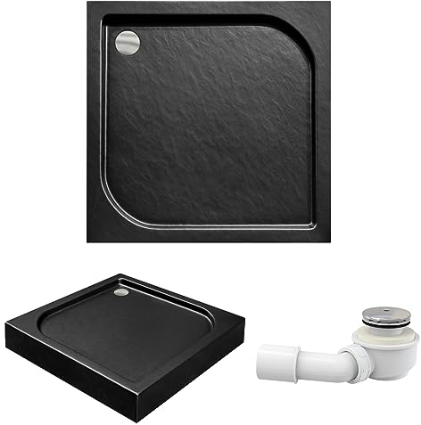 BADLAND Duschwanne 80x80 OSKAR Schwarz Steinoptik Acryl Duschtasse Quadratisch ohne Verkleidung mit Ablaufgarnitur Ø 50 mm und Füße im SET