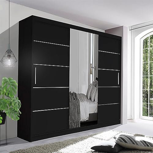 Track-D Modern Bedroom Sliding Wardrobe - Ample Storage Space and Sleek Design comes in White/Grey/Black/Oak and Width 150cm/180cm/203cm/250cm (Black, 250cm)