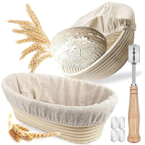 Accesorios para Hornear Pan, Cesta de Fermentación para Pan, Cesta de Prueba, Cesta de Fermentación Ovalada, Juego de 2 Unidades, Cesta para Pan, Incluye Cuchillo de Panadería, Ideal para Hornear En