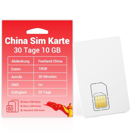 China SIM-Karte 30 Tage 10GB, Aktivierung erforderlich, 4G High-Speed-Kommunikationsnetz, 30 Minuten Gespräch, no Texte, Festland China SIM-Karte