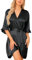 Wikoan Bademantel Satin Damen kurz Kimono Satin Weich Morgenmantel Damen leicht Robe mit Gürtel Bademäntel für Damen Schwarz XL