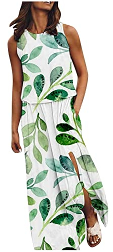 Vestito da Lavoro Donna - Abito Estivo da Donna Senza Maniche Girocollo Maxi Abiti Tinta Unita con Apertura A Forchetta Abito di Natale