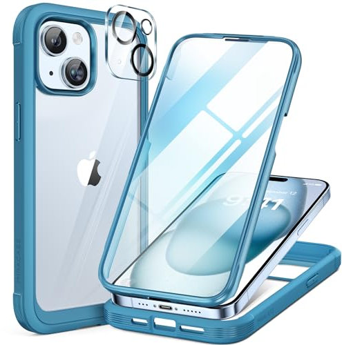 Miracase Glass Case for iPhone 15 Case 6.1-Inch, Full Body Bumper Clear Back Cover and Built-in 9H Tempered Glass Screen Protector + Camera Lens Protector (Surfing Blue)