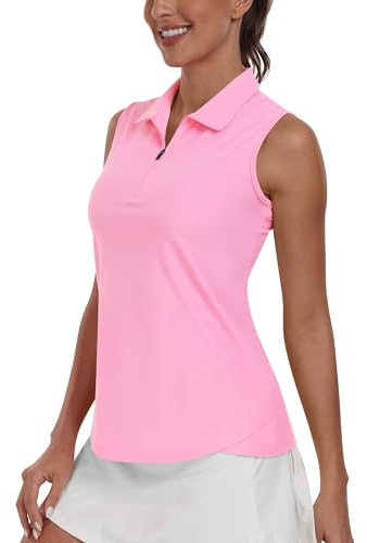 MoFiz Damen Polo Shirt Ärmelloses Golf T Shirt Elegant Sommershirts Lauftop Sport mit Reißverschluss Rosa-B M