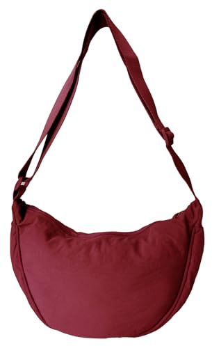 GoPaw Damen Halbmond Crossbody Schultertasche, Hobo Halfmoon Bag, Nylon Crossbody Bag Damen Halbmond Schultertasche mit verstellbarer Schultergurt, Einfarbige(Burgunderrot)