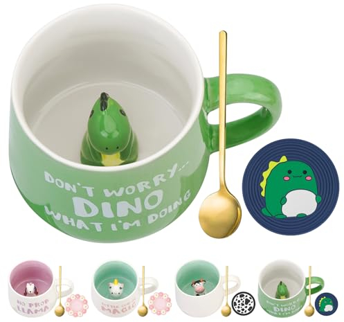 POFIBO Taza de Dinosaurio 3D - 400ml Taza de Dinosaurio de Cerámica con Posavasos y Cuchara Taza de Café Linda Tazas de Animales 3D Taza de Té Kawaii Taza de Leche Regalos para Niños, Mujeres y Niñas