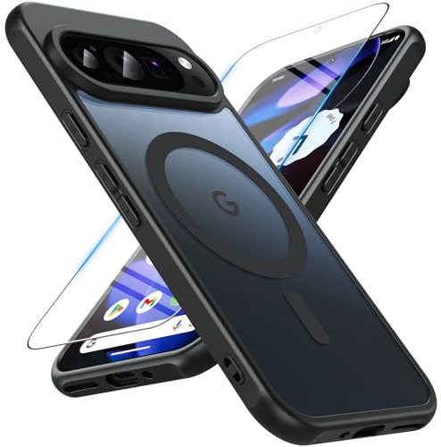 OWKEY Google Pixel 9 Hülle, Magnetisch für Pixel 9 Pro mit Panzer Glas, Stoßfest Handyhülle in Militärqualität, Dünn Cover Schutzhülle, Schwarz