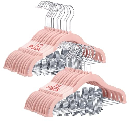 Wellong Baby Samt Kleiderbügel mit Verstellbare Klammer 30cm rutschfeste | 24 Stück mit Stabile Schulterkerben Kleiderbügel, Baby-bügel für Hemden, Hosen, Röcke, Kleider, Jacken, Rosa