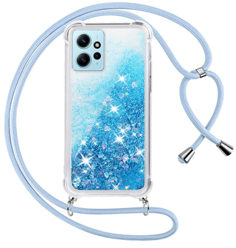 Vauki handyband für Xiaomi Redmi Note 12 4G Hülle mit Band, Silikon Durchsichtig Transparent Flüssig Glitzer mit Kette Kordel Treibsand Necklace TPU Schutzhülle Case für Redmi Note 12 4G, Blau