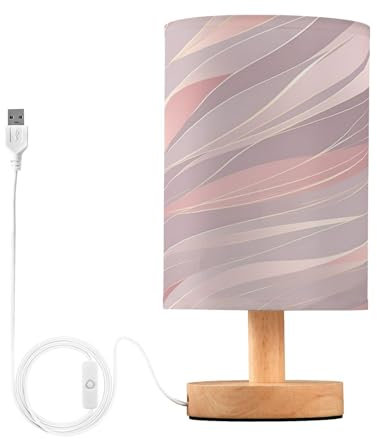 SKYSHU Rose Gold Stripes Bedside Table Lamp, Small LED Desk Light USB Nightstand Lamp with Non Slip Wood Base & Eye-Friendily Lampshade for Living Room Bedroom Dorm Home Office Desk Decor
