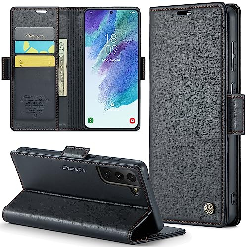 Rerzoiro Handyhülle für Samsung Galaxy S21 FE Hülle, Premium PU Leder Klapphülle RFID Schutzhülle Magnet Kartenfach Standfunktion Flip Wallet Tasche Case Kompatibel Samsung S21 FE, Schwarz