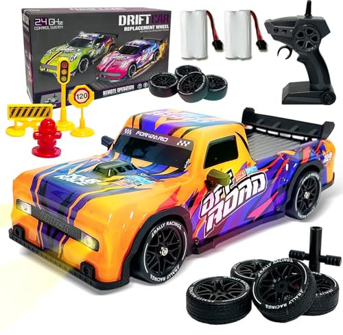 BARVERE Ferngesteuertes Auto, Drift Rc Auto mit 2 Akku, Driftfunktion & LED-Leuchten, Hobby Driftauto mit Regenreifen und Trockenreifen für Rennen & Offroad-Abenteuer, RC Car für Erwachsene & Kinder