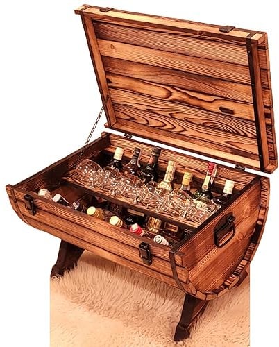 BESTFORM Couchtisch im Weinfass-Stil mit Flaschenhalter | Elegante Rustikaler Minibar-Tisch mit Barschrank | Vintage Beistelltisch, Barfach & Bar-Möbel | 72 x 50 x 48 cm Braun