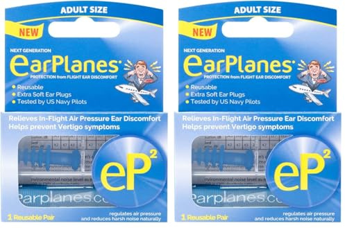EarPlanes EP2 Ultra-Reusable Earplugs, Airplane Pressure Prevention Earplugs for Adults (1 Pairs) (Pack of 2)