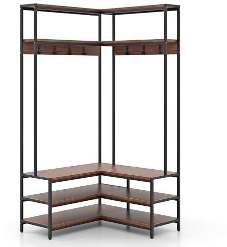 GIANTEX L-förmiger Kleiderständer, Garderobenständer mit Sitzbank, Ablage & Haken, 90 x 90 x 178 cm, Industrie-Design Garderobe für Ecke (Kaffeebraun)