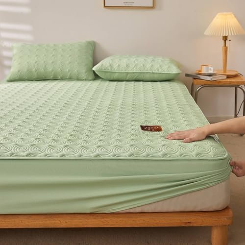 Mesnt Spannleintuch 180x200 Baumwolle, Spiralförmig strukturiert Bettwäsche Spannbetttuch für Boxspringbetten, Grün