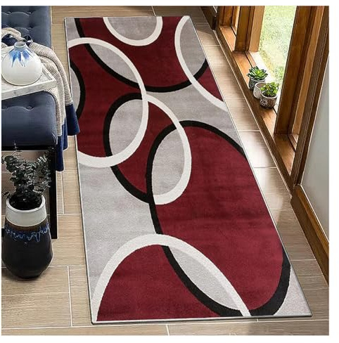 Teppich Läufer Flur Lang rutschfest Waschbar 70x300cm Modern Abstrakt Weinrot Küchenteppich Meterware Schlafzimmer Korridor Teppichläufer für Küche, Eingang, Wohnzimmer, Anpassbare Länge 40-120cm