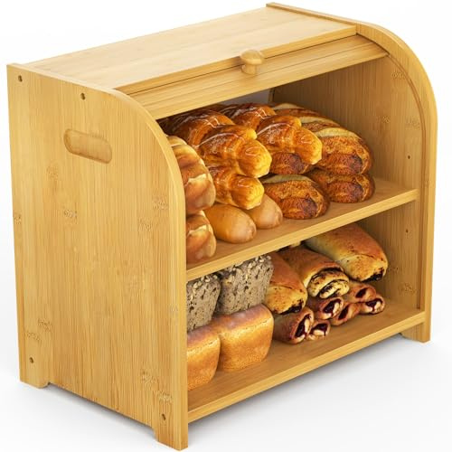 Bamboo Bread Box for Kitchen Countertop, Roll Top Bread Storage Box